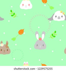 seamless cute animal pet wildlife mammal bunny rabbit head repeat pattern  with leaf,carrot and flower in green background flat vector illustration cartoon charater design