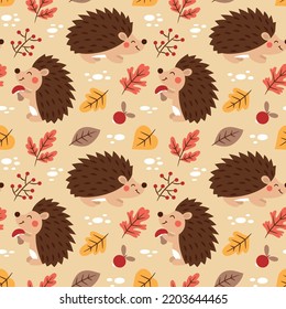 Seamless cute animal vector autumn pattern with hedgehogs, leaves, plants, berries