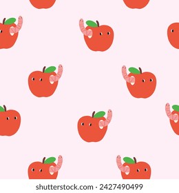 Seamless cute apple pattern in cartoon style. Abstract apples with worm friends. Cute trendy design. Vector funky illustration. 
