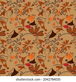 Seamless cute autumn pattern with fall leaves in warm color. Dark background, pastel colors