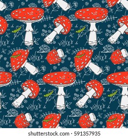 Seamless cute autumn pattern with  forest mushrooms