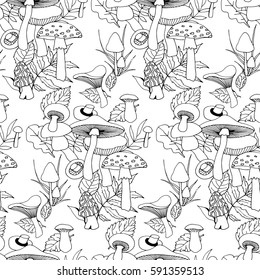 Seamless cute autumn pattern with  forest mushrooms
