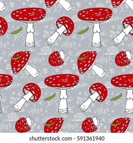 Seamless cute autumn pattern with  forest mushrooms