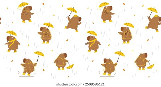 Patrón de otoño lindo sin fisuras: divertidos capibaras están caminando bajo la lluvia. Vector dibujado a mano ilustración infantil.