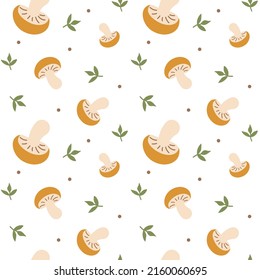 Seamless cute autumn pattern with leaves and mushrooms isolated on white background. Forest ornament with plant elements. Vector illustration