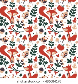 Seamless cute autumn pattern made with fox, bird, flower, plant, leaf, berry, heart, friend, floral, nature, acorn, mushroom