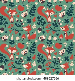 Seamless cute autumn pattern made with fox, bird, flower, plant, leaf, berry, heart, friend, floral, nature, acorn, mushroom