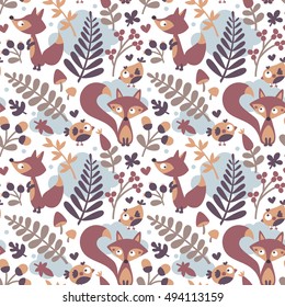 Seamless cute autumn pattern made with fox, bird, flower, plant, leaf, berry, heart, friend floral nature acorn Rowan mushroom wild cloud