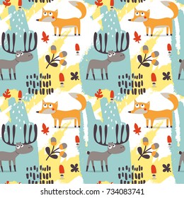 Seamless cute autumn pattern made with fox, deer, moose, flower, plant, leaf, berry, heart, friend, floral, nature, acorn, mushroom, wild, wildlife, woodland