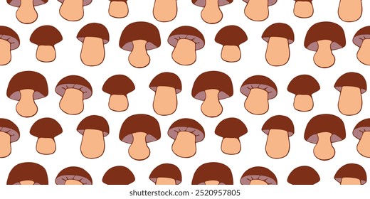 Seamless cute autumn pattern with mushrooms isolated in doodle flat style. Forest nature ornament. Vector illustration, kids design