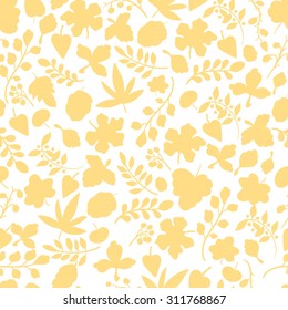 Seamless cute autumn pattern with silhouette of leaves and flowers