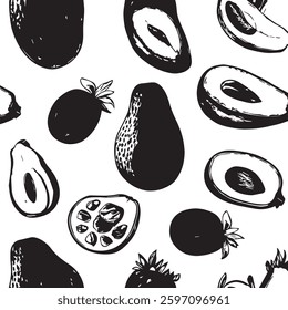 Seamless Cute Avocado and Tropical Fruit Pattern for Fun Packaging, Summer Designs, or Playful Prints