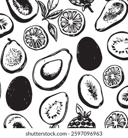 Seamless Cute Avocado and Tropical Fruit Pattern for Fun Packaging, Summer Designs, or Playful Prints
