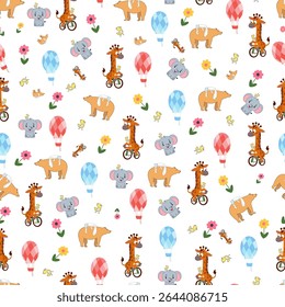 Seamless cute baby pattern featuring giraffes on bicycles, elephants, bears, hot air balloons, flowers, and small animals. Perfect for nursery prints, fabric, kids clothing, or baby shower designs.