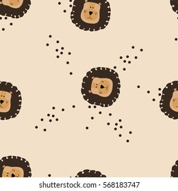 Seamless cute baby pattern illustration with lion's head. Endless texture with stylized portraits of lions. Cartoon lions for textile, wallpaper or wrapping. 