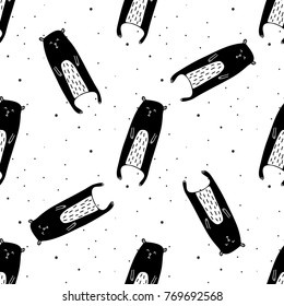 Seamless cute baby pattern illustration with black bears and dots. Endless texture with stylized doodle bear. Cartoon scandinavian bear for textile, wallpaper or wrapping. Adorable bear fabric.