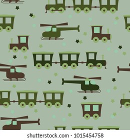 Seamless cute baby pattern with a steam locomotive and helicopter on a green background. For decorating textiles, packaging and wallpaper. Vector illustration.