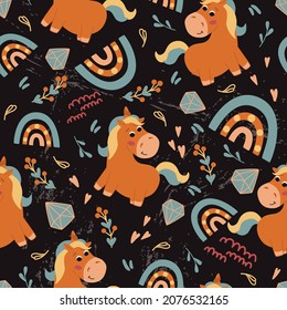 Seamless cute baby pattern with unicorn. Pattern on a dark background. For textiles, fabrics, wrapping paper, postcards. Stock vector illustration.
