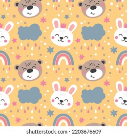 Seamless cute baby vector pattern with hares, bears, clouds, rainbow, stars