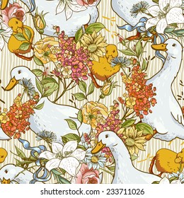 Seamless cute background with ducks and flowers