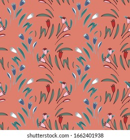 Seamless, cute background of flowers and leaves. Floral ornament is located in geometric order. Design for textile, paper, packaging, bedding, wallpaper, fabric. Vector botanical illustration.