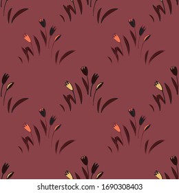 Seamless, cute background of flowers and leaves. Floral ornament is located in geometric order. Design for textile, paper, packaging, bedding, wallpaper, fabric. Vector botanical illustration.
