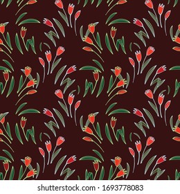 Seamless, cute background of flowers and leaves. Floral ornament is located in geometric order. Design for textile, paper, packaging, bedding, wallpaper, fabric. Vector botanical illustration.