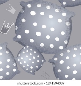 Seamless cute background with hand drawn pillows and crowns. Queen of pillows.