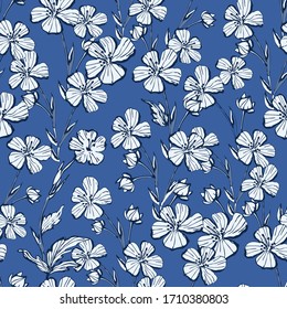 Seamless, cute background of wildflowers. Floral ornament of meadow geranium. Design for textile, paper, packaging, bedding, wallpaper, fabric. Vector botanical illustration In doodle style Hand drawn