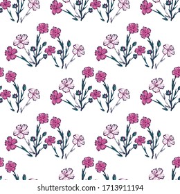 Seamless, cute background of wildflowers. Floral ornament of meadow geranium. Design for textile, paper, packaging, bedding, wallpaper, fabric. Vector botanical illustration In doodle style Hand drawn