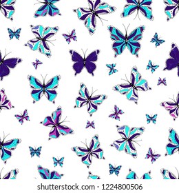 Seamless. Cute background for wrappers and wallpaper, design of fabric, paper. Pictures in white, violet and blue colors. Beautiful butterfly vector pattern illustration design.