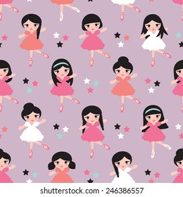 Seamless cute ballerina illustration dancing girls friends kids colorful background pattern in vector