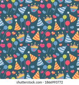 Seamless cute balloon and cake background pattern in vector