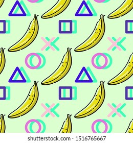 Seamless Cute Bananas Pattern Memphis Style. Vector Illustration EPS 10.