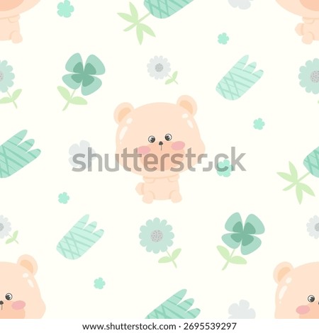 Seamless Cute Bear with Green Leaves Pattern | Pastel Mint Baby Animal Design for Kids Fabric, Nursery Wallpaper, Eco-Themed Wrapping Paper, and Digital Scrapbooking