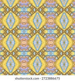 Padrão de caleidoscópio de urso bonito sem costura com cores pastel, simetria divertida e estilo de desenho animado. Fundo abstrato perfeito, design infantil, papel de parede e uso têxtil.