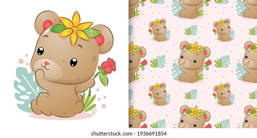 The seamless of the cute bear look at back and holding the red rose on her hand of illustration