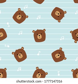 Seamless of Cute bear with music notes on blue background vector illustration. Cute cartoon character for baby print.