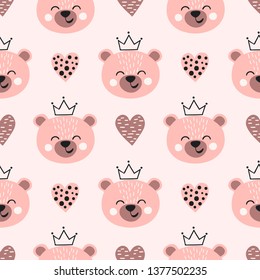 Seamless cute bear princess pattern. Kids print.