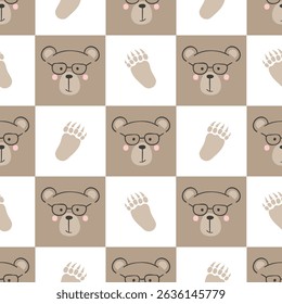 Seamless cute bears pattern for kids. Baby checkered print