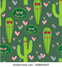 Seamless cute beautiful funny pattern swatch with cactus and hearts and i love you. Romantic background design for wrapping paper, greeting cards, Valentine's Day, mother's day, children fashion