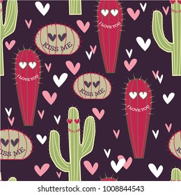 Seamless cute beautiful funny pattern swatch with cactus and hearts and #i love you, #kiss me, #hug me. Romantic background design for wrapping paper, greeting cards, Valentine's Day, children fashion