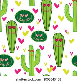 Seamless cute beautiful funny pattern swatch with cactus and hearts and #i love you, #kiss me, #hug me. Romantic background design for wrapping paper, greeting cards, Valentine's Day, children fashion