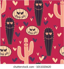 Seamless cute beautiful funny pink pattern swatch with cactus, hearts
and i love you, kiss me, hug me. Romantic background design for wrapping paper, greeting cards, Valentine's Day, children design