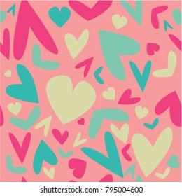 Seamless cute beautiful pattern with colorful pink, blue hearts. 
Romantic background design for wrapping paper, greeting cards, 
invitations for the wedding, birthday, Valentine's Day, mother's day.