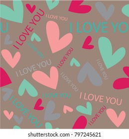 
Seamless cute beautiful pattern swatch with colorful pink, blue hearts and i love you.
Romantic background design for wrapping paper, greeting cards, wedding, birthday, Valentine's Day, mother's day