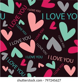 
Seamless cute beautiful pattern swatch with colorful pink, blue hearts and i love you.
Romantic background design for wrapping paper, greeting cards, wedding, birthday, Valentine's Day, mother's day