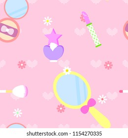 seamless cute beauty cosmetic repeat pattern background  flat vector illustration design with mirror,perfume,lipstick,brush,powder