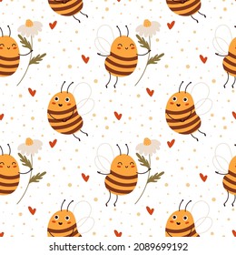 Seamless cute bee. Cartoon background with honeybee characters. Little hives inhabitants. Yellow striped insect and chamomile. Funny honey miners print. Buzzing creation. Vector pattern