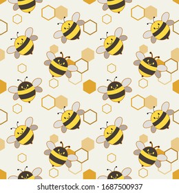 The seamless of cute bee and shape of hexagon on the white background 
 in flat vector style.